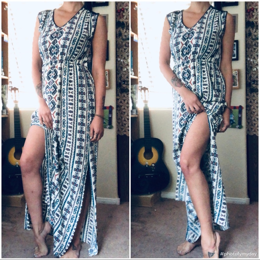 Floor Length Patterned Maxi Dress w/ Leg Slits